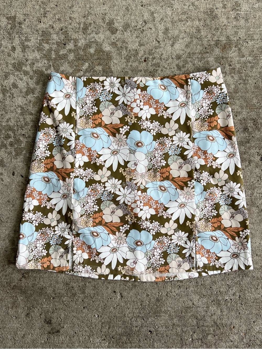 Altar'd State Olive Floral Mini Skirt with Blue & Cream Blooms